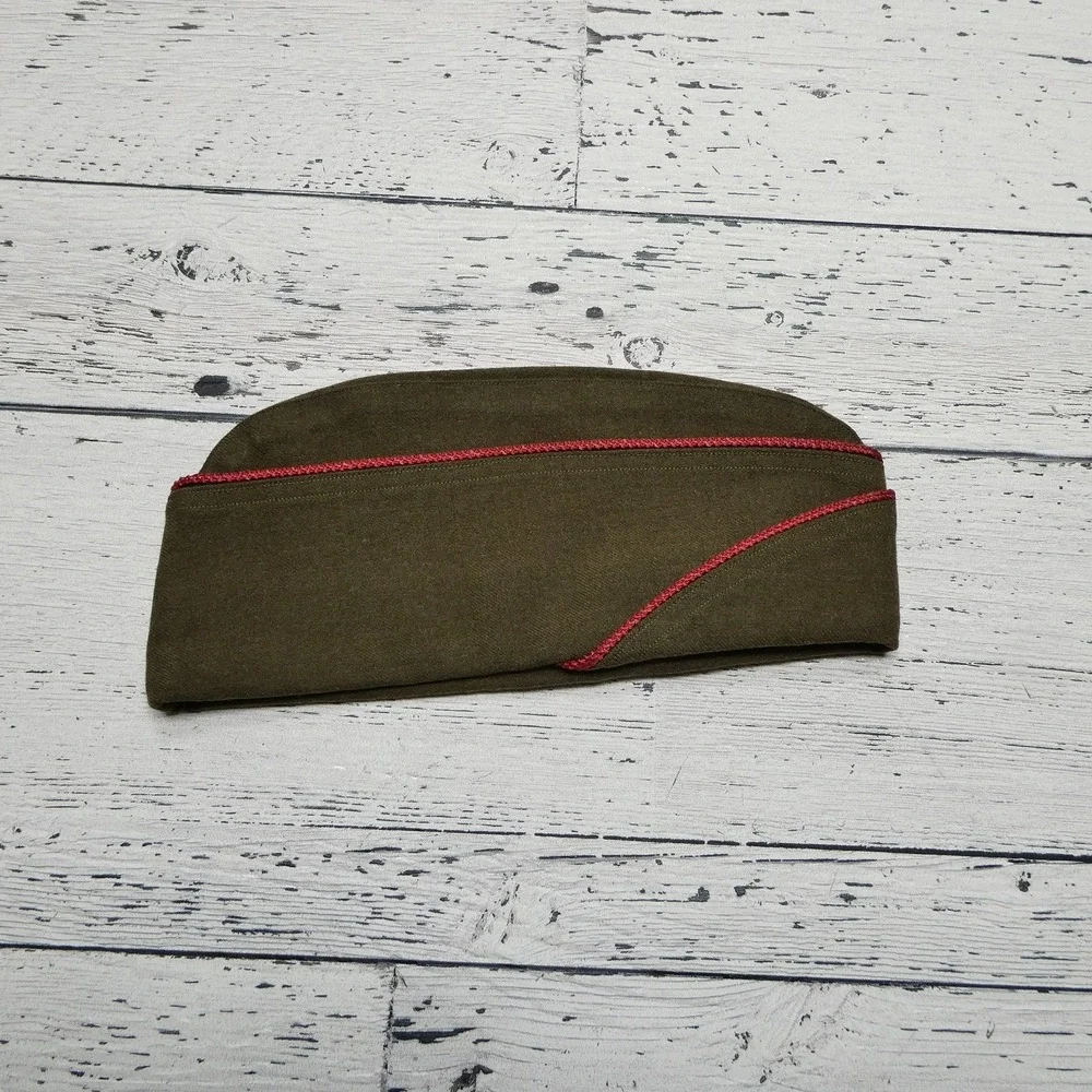 Vintage US Army Hat Cap Fitted‎ Mens 7 1/8 Garrison Red Piping WWII Military 40s